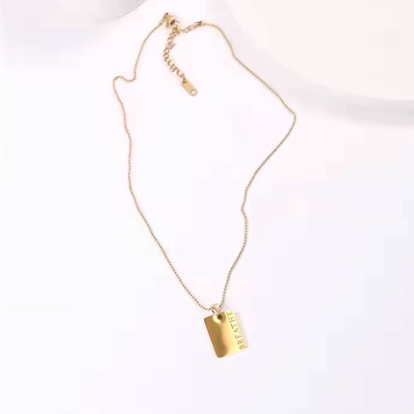 New 18k Gold Steel "Breathe" Tag Statement Square Pendant Necklace - Picture 3 of 5